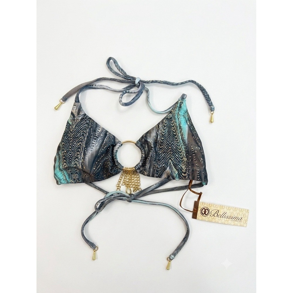 Bellissima Swimwear Bikini Top Multicolor Size S Gold Ring/Chain Accent Peacock